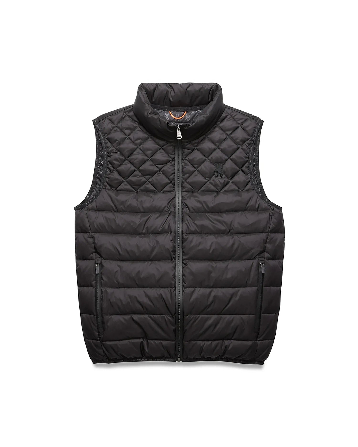Black Mens Emerik Puffer Vest with quilted upper, horizontal baffles, small embroidered Psycho Bunny skull logo on left chest, full zip, and orange inner collar featuring repeating branding. (5)