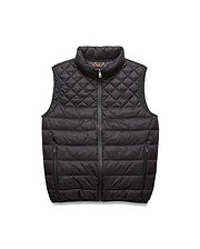 Black Mens Emerik Puffer Vest with quilted upper, horizontal baffles, small embroidered Psycho Bunny skull logo on left chest, full zip, and orange inner collar featuring repeating branding. (5)