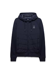 Mens Gordley Mix Media Jacket in navy, full-zip, with a quilted front panel, smooth raglan sleeves, ribbed cuffs and hem, and a small embroidered white Psycho Bunny skull logo on the left chest. (4)