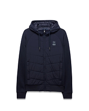 Mens Gordley Mix Media Jacket in navy, full-zip, with a quilted front panel, smooth raglan sleeves, ribbed cuffs and hem, and a small embroidered white Psycho Bunny skull logo on the left chest. (4)