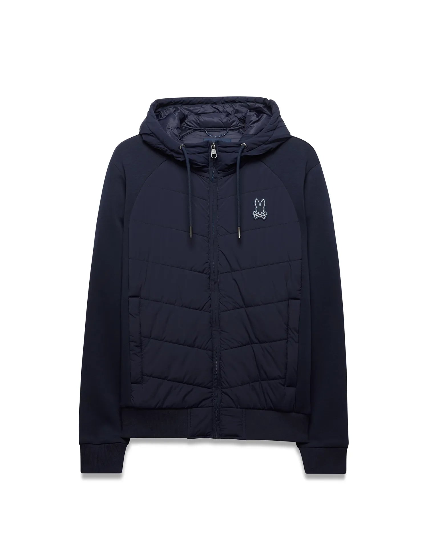 Mens Gordley Mix Media Jacket in navy, full-zip, with a quilted front panel, smooth raglan sleeves, ribbed cuffs and hem, and a small embroidered white Psycho Bunny skull logo on the left chest. (4)
