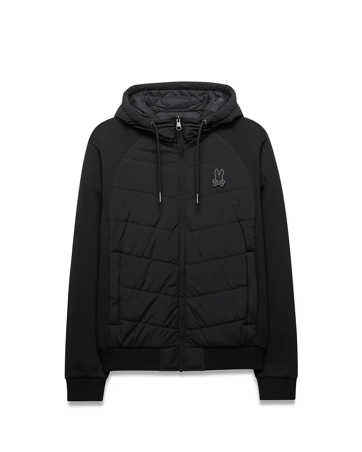 Mens Gordley Mix Media Jacket. Black hooded full-zip jacket featuring a quilted front panel, smooth raglan sleeves, ribbed cuffs and hem, with a small embroidered Psycho Bunny skull logo on the left chest.