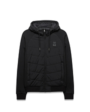 Mens Gordley Mix Media Jacket. Black hooded full-zip jacket featuring a quilted front panel, smooth raglan sleeves, ribbed cuffs and hem, with a small embroidered Psycho Bunny skull logo on the left chest.