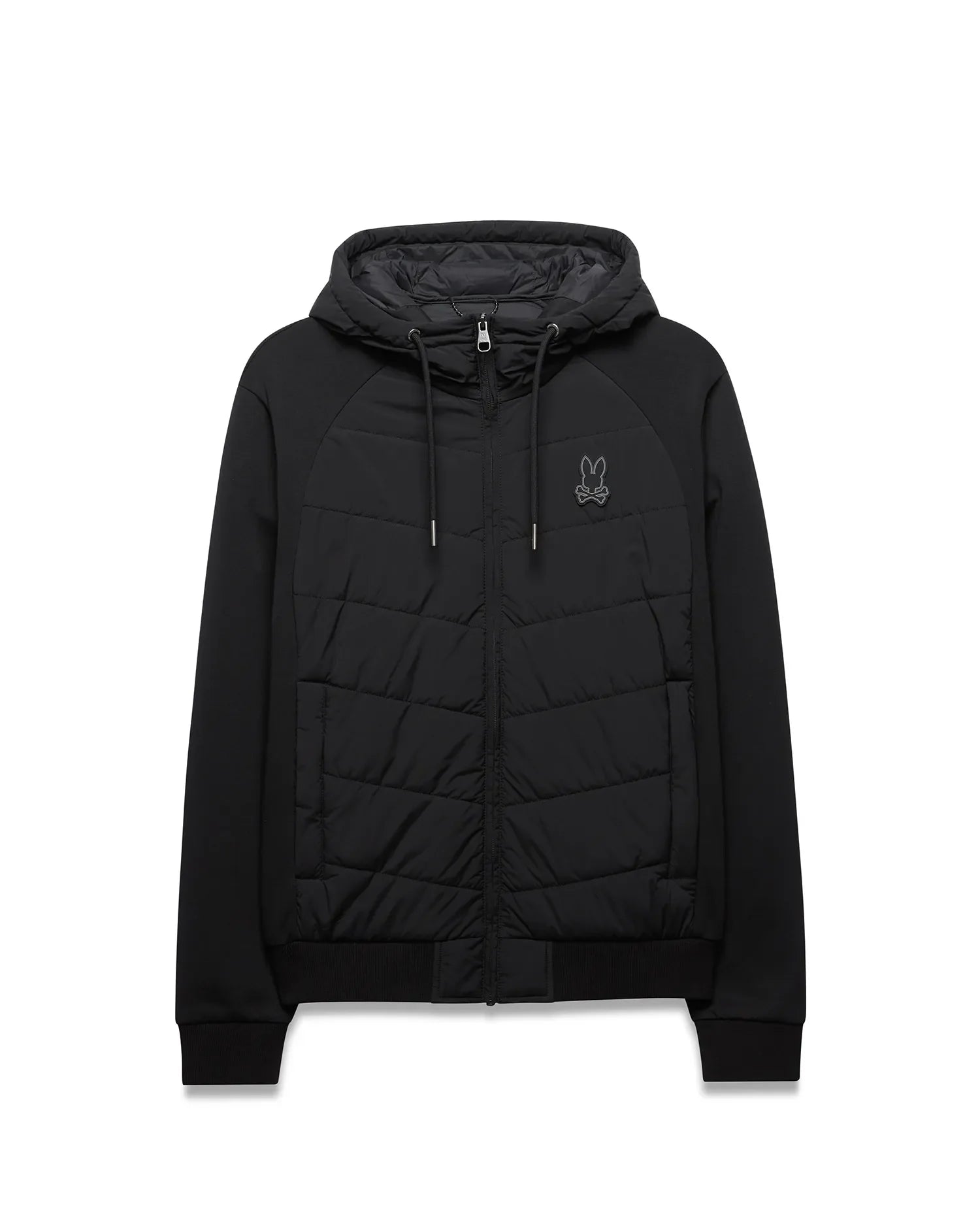Mens Gordley Mix Media Jacket. Black hooded full-zip jacket featuring a quilted front panel, smooth raglan sleeves, ribbed cuffs and hem, with a small embroidered Psycho Bunny skull logo on the left chest.