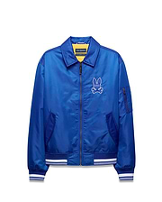 Mens Nathaniel Satin Coach Jacket, royal blue satin, full-zip, ribbed cuffs/hem with white stripes, zippered sleeve pocket, and large white embroidered Psycho Bunny skull logo on left chest. (6)