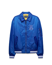 Mens Nathaniel Satin Coach Jacket, royal blue satin, full-zip, ribbed cuffs/hem with white stripes, zippered sleeve pocket, and large white embroidered Psycho Bunny skull logo on left chest. (6)