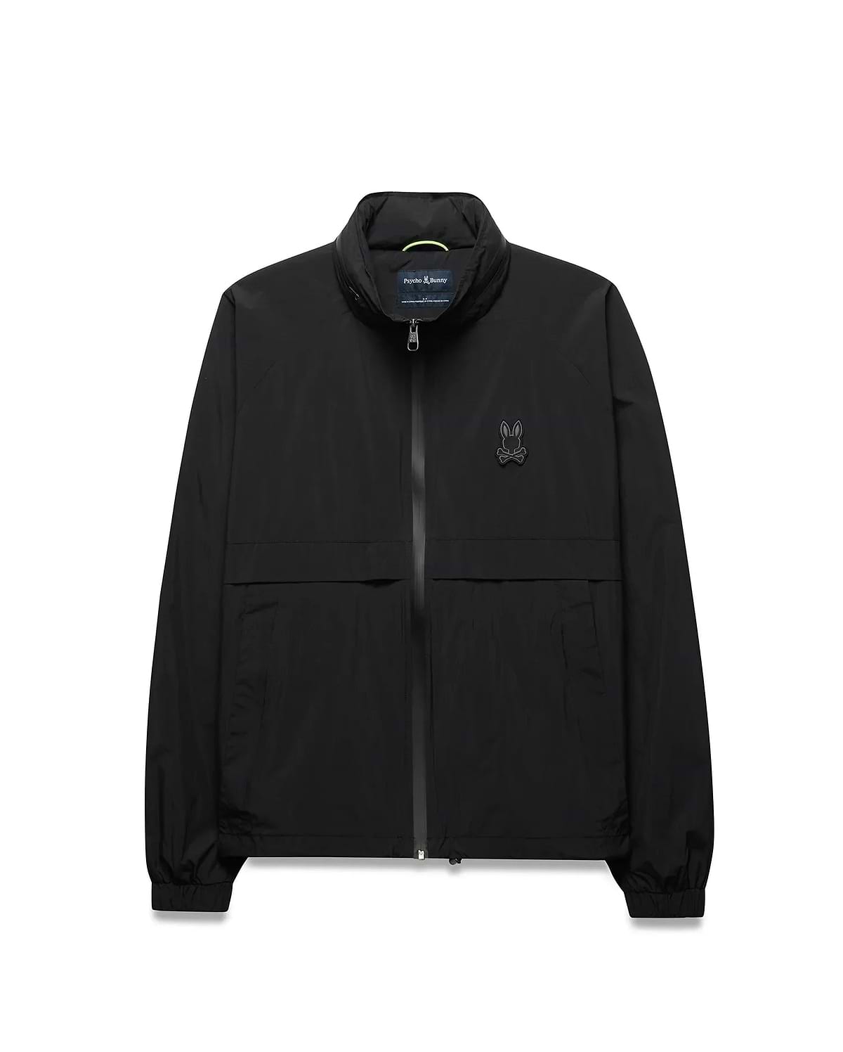 Black Mens Javier Windbreaker Jacket with a classic fit, smooth fabric, full zip, stand collar with neon green accent, elastic cuffs and hem, and a small dark grey embroidered Psycho Bunny skull logo on the left chest. (5)