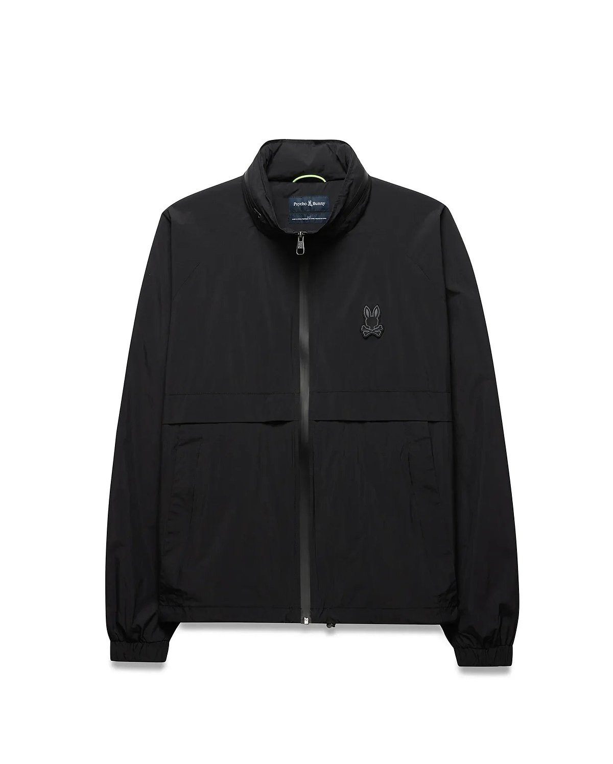Black Mens Javier Windbreaker Jacket with a classic fit, smooth fabric, full zip, stand collar with neon green accent, elastic cuffs and hem, and a small dark grey embroidered Psycho Bunny skull logo on the left chest. (5)