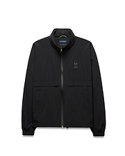 Black Mens Javier Windbreaker Jacket with a classic fit, smooth fabric, full zip, stand collar with neon green accent, elastic cuffs and hem, and a small dark grey embroidered Psycho Bunny skull logo on the left chest. (5)