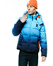 Men's Solan Puffer Jacket, an ombre blue quilted puffer jacket with a hooded design, featuring a black Psycho Bunny skull logo on the left chest and bright orange lining accents.