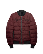 Men's Angus Reversible Bomber in maroon, featuring a quilted design, black ribbed collar, cuffs, and hem, with a large black embroidered Psycho Bunny script logo across the chest and black zip pockets. (5)