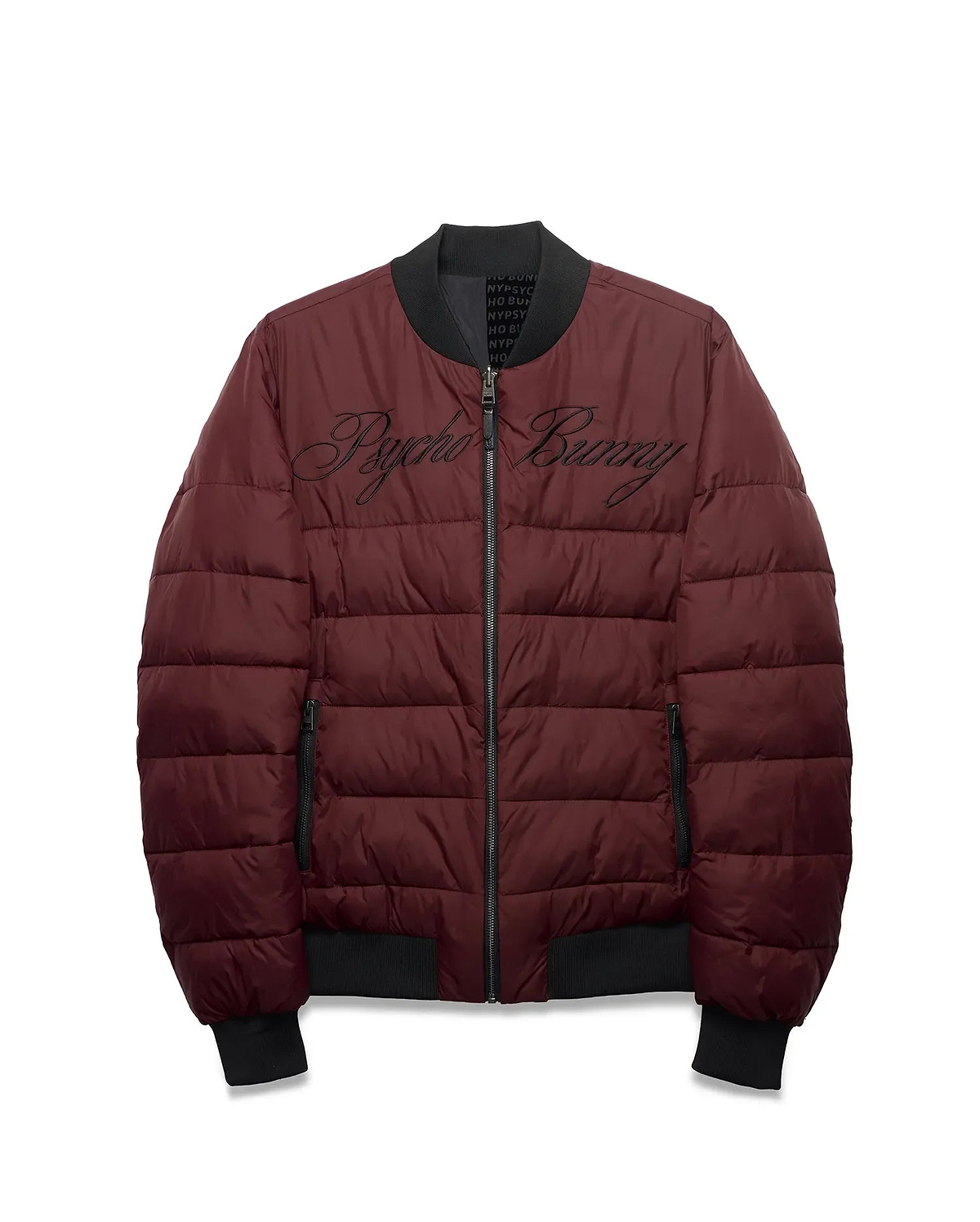 Men's Angus Reversible Bomber in maroon, featuring a quilted design, black ribbed collar, cuffs, and hem, with a large black embroidered Psycho Bunny script logo across the chest and black zip pockets. (5)