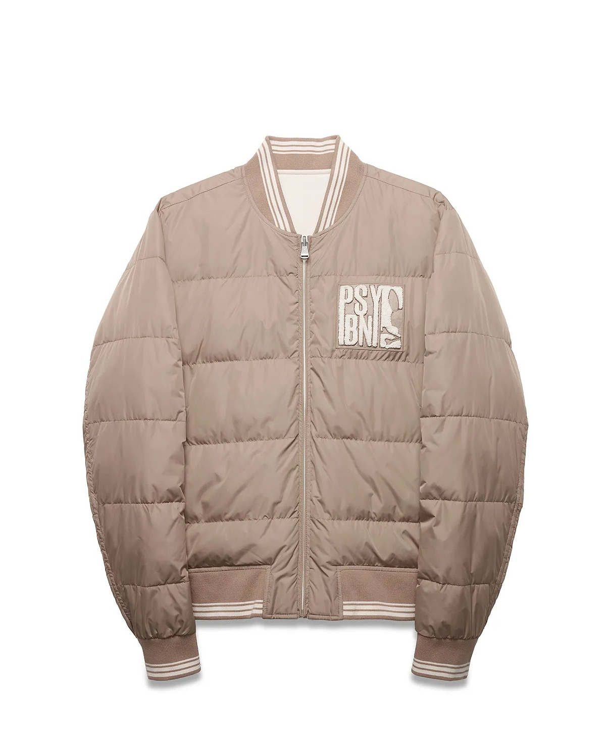 Men's Franco Reversible Bomber, a beige quilted jacket with white striped ribbed collar, cuffs, and hem, featuring a large embroidered Psycho Bunny text and skull logo patch on the left chest. (5)