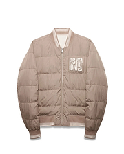 Men's Franco Reversible Bomber, a beige quilted jacket with white striped ribbed collar, cuffs, and hem, featuring a large embroidered Psycho Bunny text and skull logo patch on the left chest. (5)