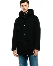 Mens Luther Wool Blend Coat, a classic fit black hooded coat with a smooth wool blend texture, featuring a button-front closure with distinctive silver buttons, two front flap pockets, and a small embroidered Psycho Bunny skull logo on the right pocket.