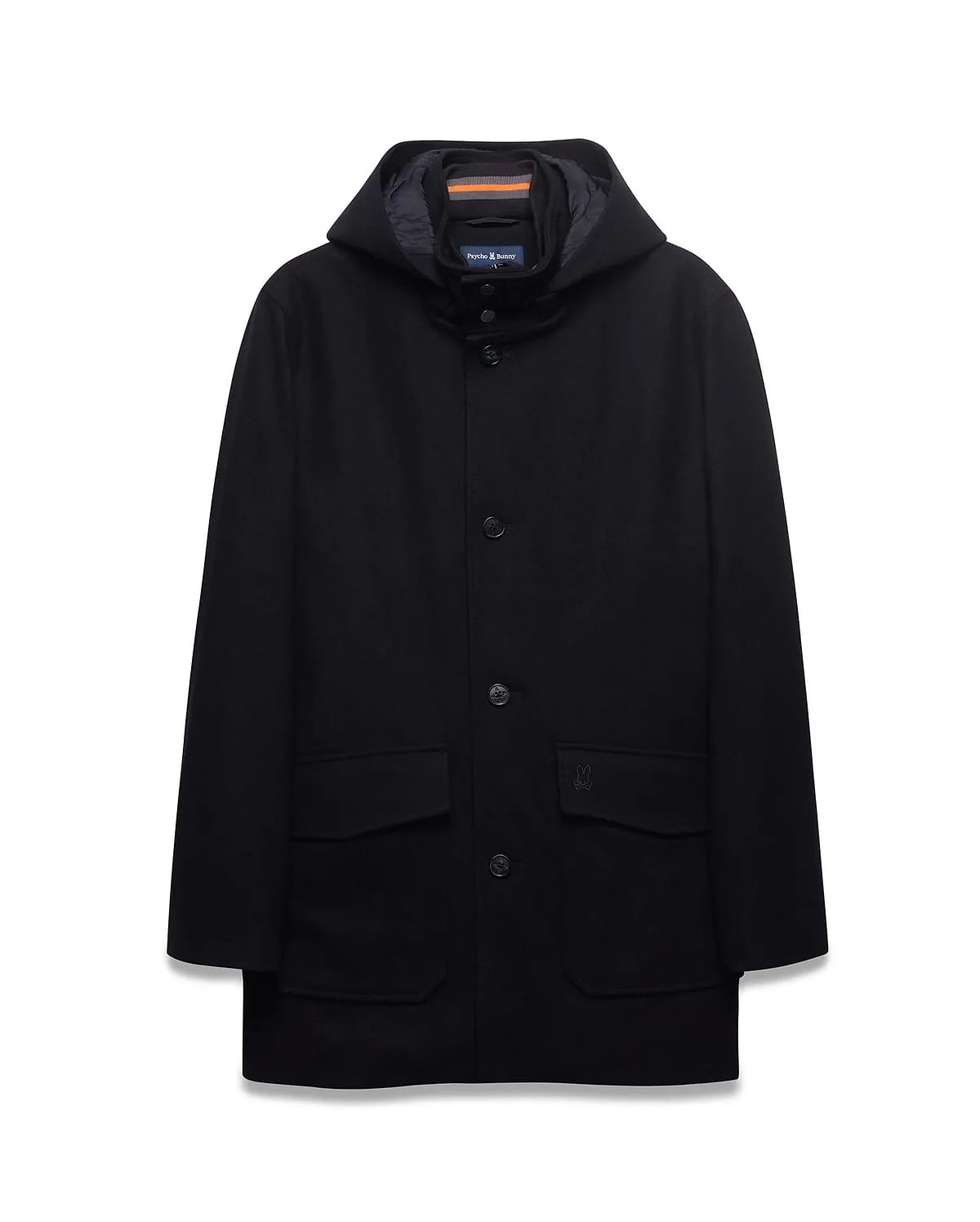 Mens Luther Wool Blend Coat, black, classic fit, hooded with button-front, two patch pockets, tonal embroidered bunny skull on right pocket, navy hood lining with orange/grey striped trim.