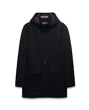 Mens Luther Wool Blend Coat, black, classic fit, hooded with button-front, two patch pockets, tonal embroidered bunny skull on right pocket, navy hood lining with orange/grey striped trim.