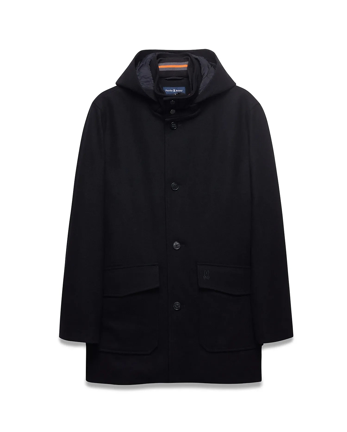 Mens Luther Wool Blend Coat, black, classic fit, hooded with button-front, two patch pockets, tonal embroidered bunny skull on right pocket, navy hood lining with orange/grey striped trim.