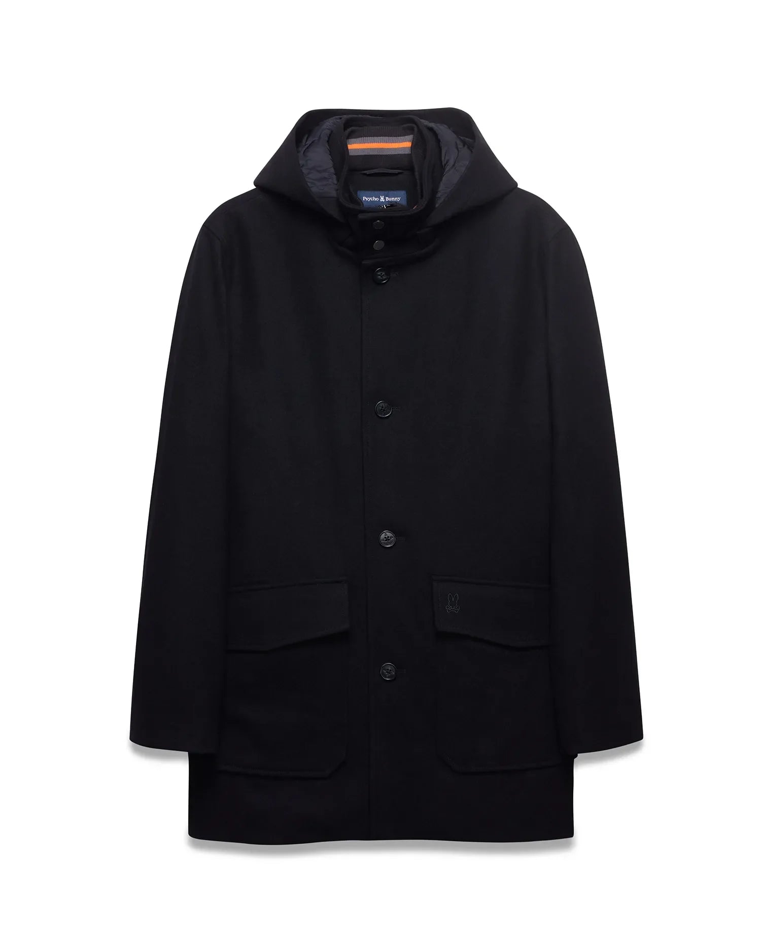 Mens Luther Wool Blend Coat, black, classic fit, hooded with button-front, two patch pockets, tonal embroidered bunny skull on right pocket, navy hood lining with orange/grey striped trim.