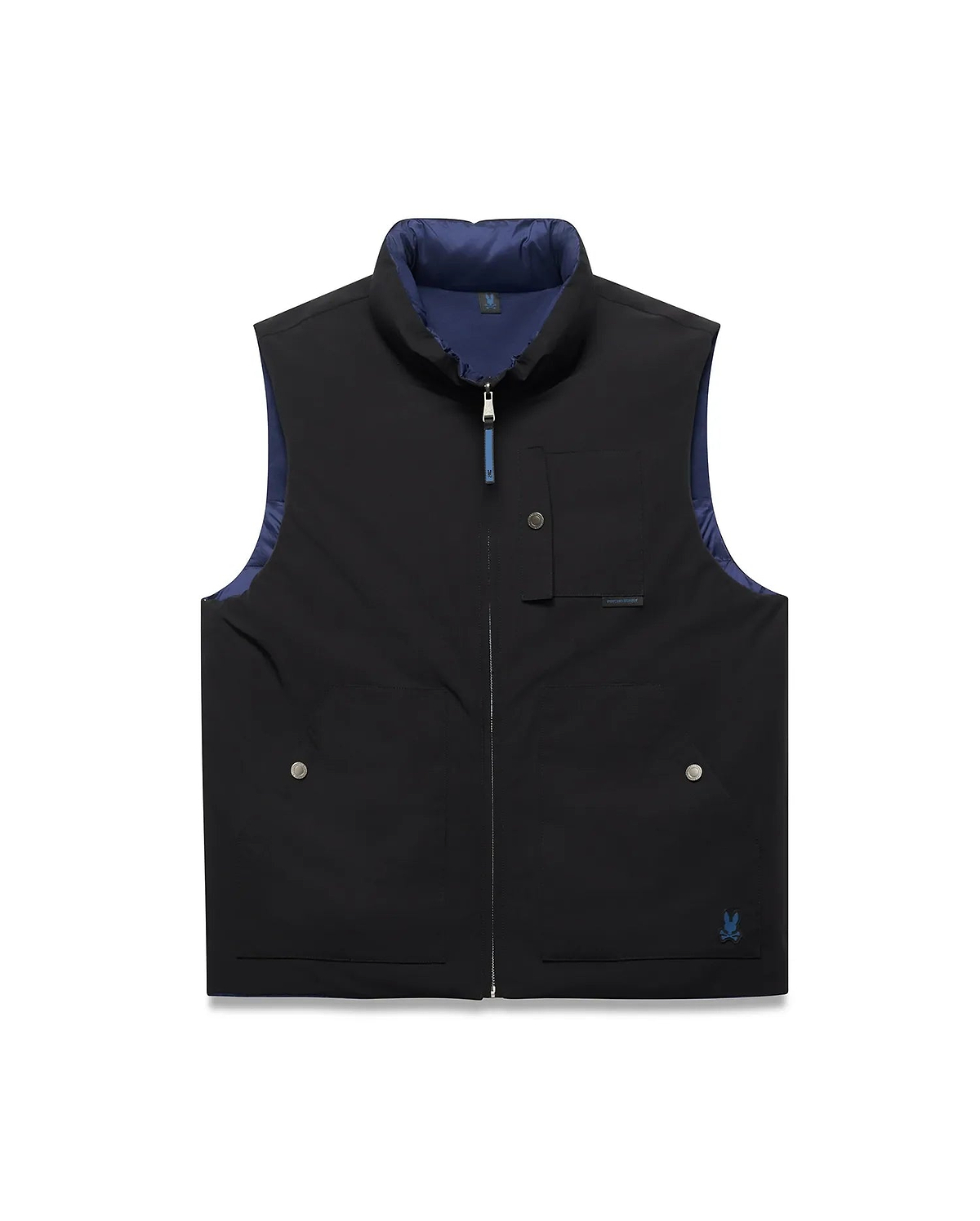 Mens Gordler Reversible Vest in black smooth fabric with a navy blue interior, featuring a full zip, stand collar, chest pocket, two lower snap pockets, and a blue embroidered Psycho Bunny skull logo.