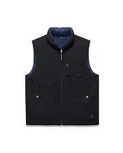 Mens Gordler Reversible Vest in black smooth fabric with a navy blue interior, featuring a full zip, stand collar, chest pocket, two lower snap pockets, and a blue embroidered Psycho Bunny skull logo.