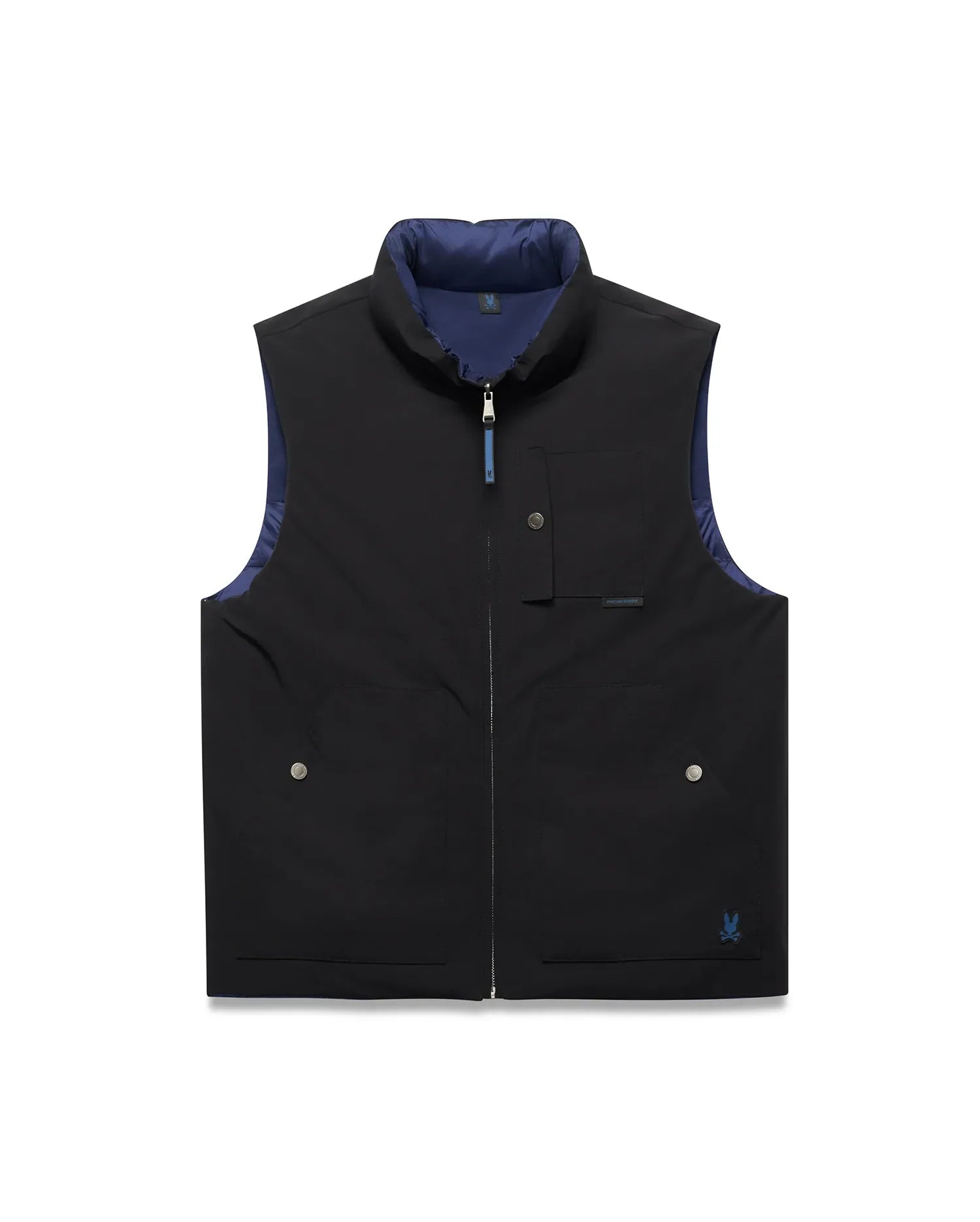 Mens Gordler Reversible Vest in black smooth fabric with a navy blue interior, featuring a full zip, stand collar, chest pocket, two lower snap pockets, and a blue embroidered Psycho Bunny skull logo.