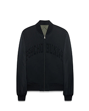 Mens Joaquin Mix Media Reversible Bomber in black with large tonal PSYCHO BUNNY chest text, full zip with skull logo pull, ribbed trim, and olive green quilted reverse side.
