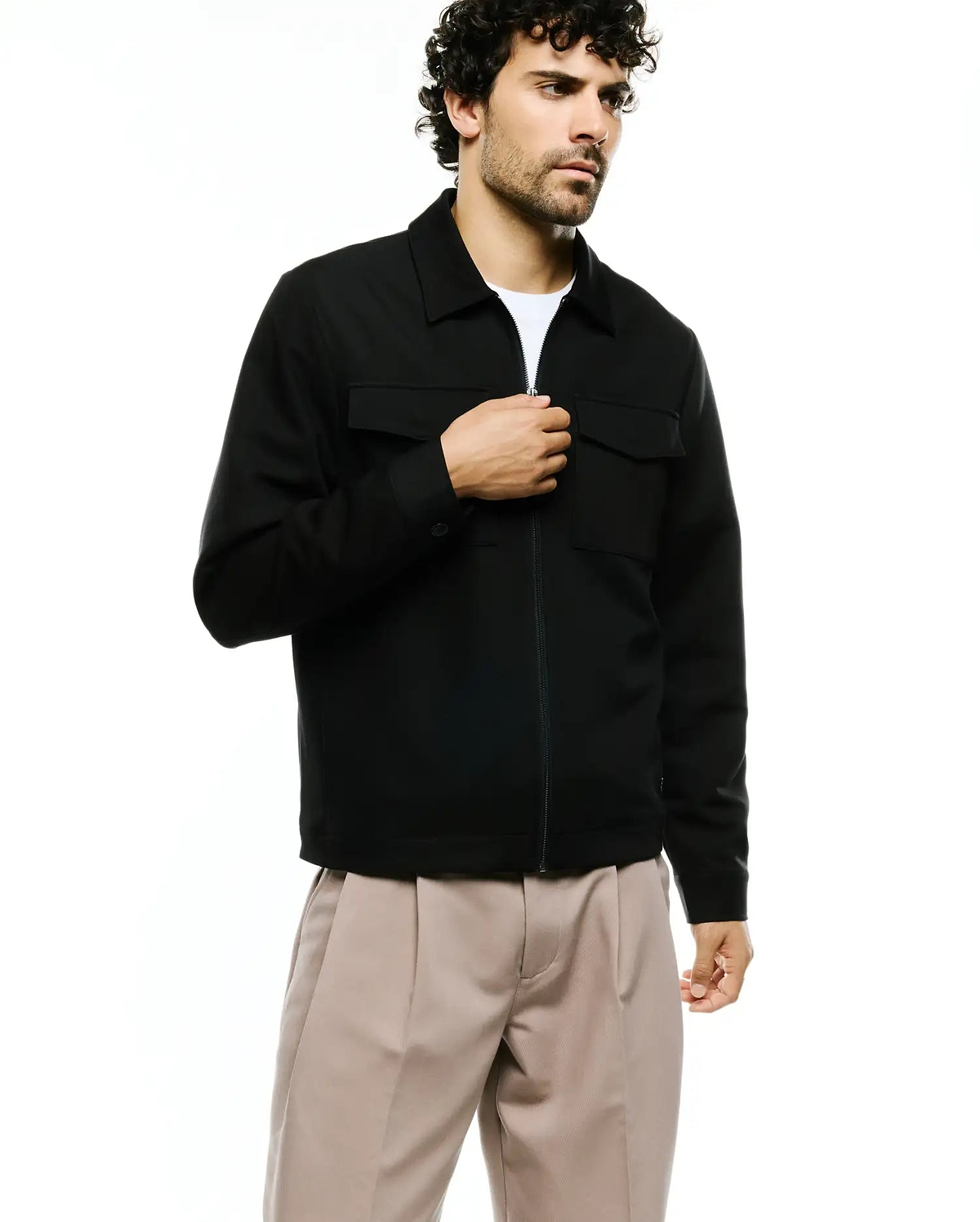 Black Wayde Twill Overshirt featuring a full zip front, point collar, two flap chest pockets, buttoned cuffs, a classic fit, and smooth twill fabric, with no visible Psycho Bunny logo. (1)