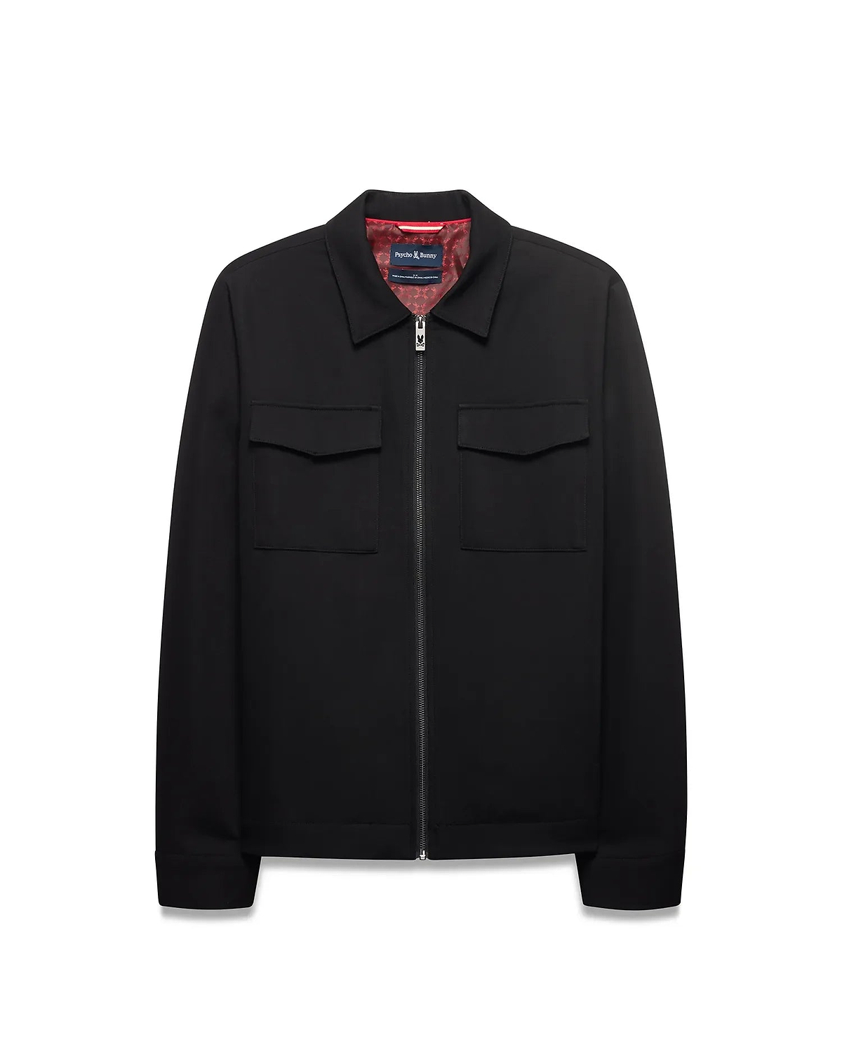 Men's Wayde Twill Overshirt, a black full-zip jacket with a classic fit, two chest flap pockets, a red patterned lining, and a small Psycho Bunny skull logo on the zipper pull. (5)