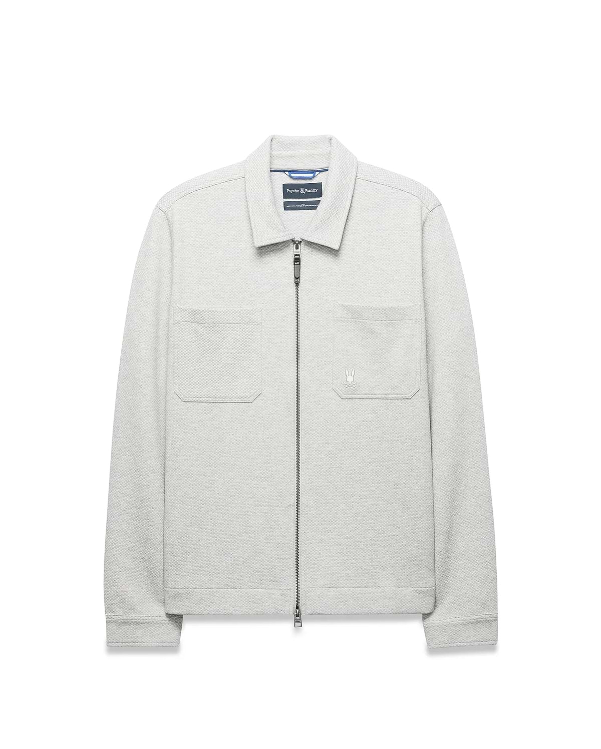 Light Grey Mens Marc Textured Overshirt with a classic fit, full zip, collared neckline, two chest patch pockets, and a small embroidered Psycho Bunny skull logo on the right pocket.