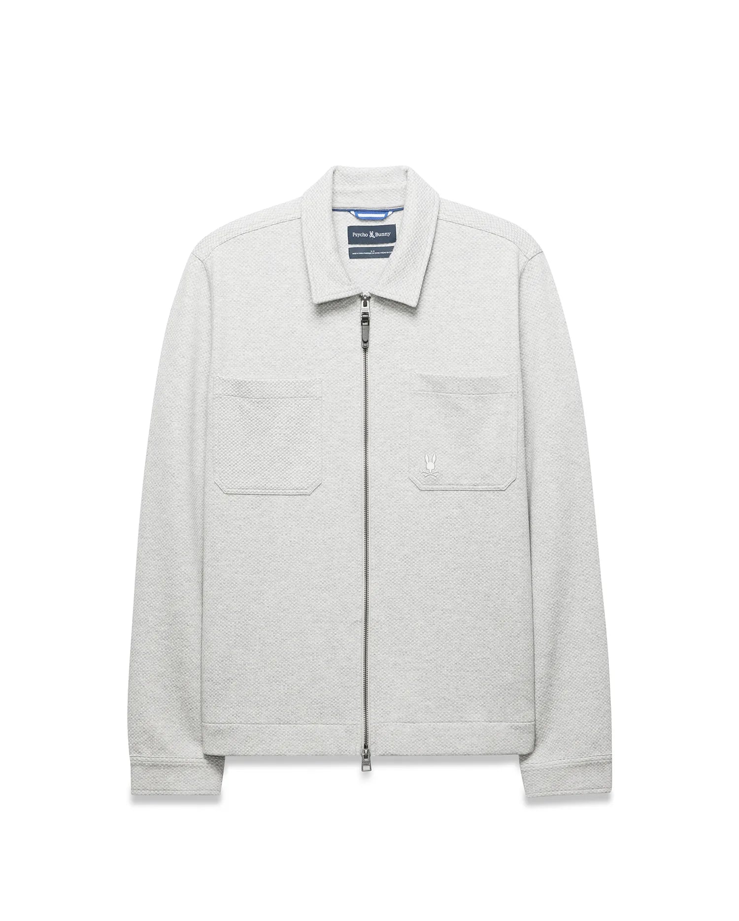 Light Grey Mens Marc Textured Overshirt with a classic fit, full zip, collared neckline, two chest patch pockets, and a small embroidered Psycho Bunny skull logo on the right pocket.