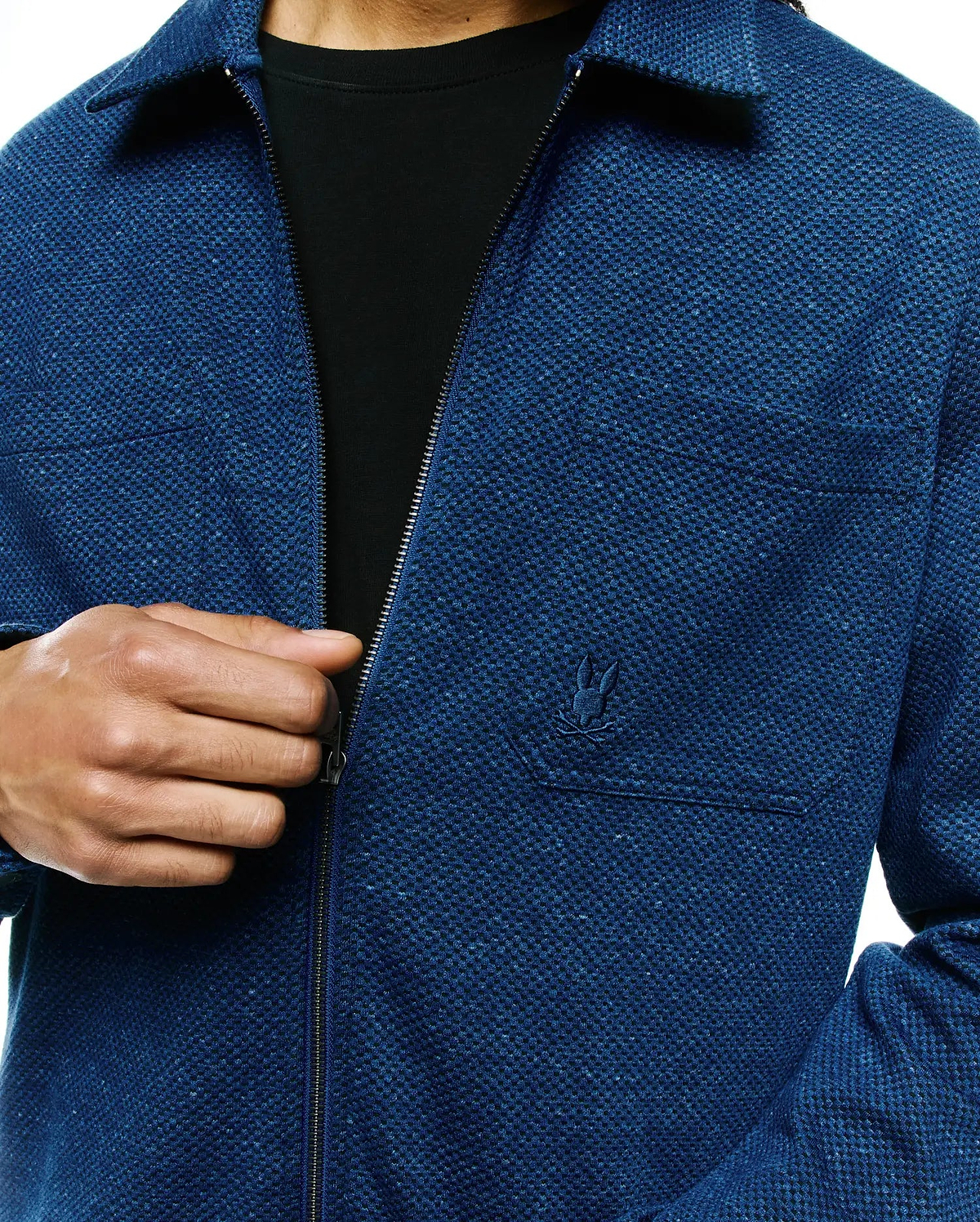 Mens Marc Textured Overshirt, a deep blue full-zip overshirt with a relaxed fit, classic collar, visible pique knit texture, and a small embroidered Psycho Bunny skull logo on the left chest pocket.
