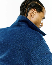 Mens Marc Textured Overshirt, a classic fit deep blue overshirt with a prominent pique-like texture and subtle embroidered PSYCHO BUNNY branding on the upper back.