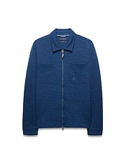 Mens Marc Textured Overshirt in deep indigo blue, featuring a full-zip front, classic collar, two chest patch pockets, and a small embroidered Psycho Bunny skull logo on the left chest.