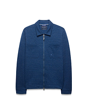 Mens Marc Textured Overshirt in deep indigo blue, featuring a full-zip front, classic collar, two chest patch pockets, and a small embroidered Psycho Bunny skull logo on the left chest.