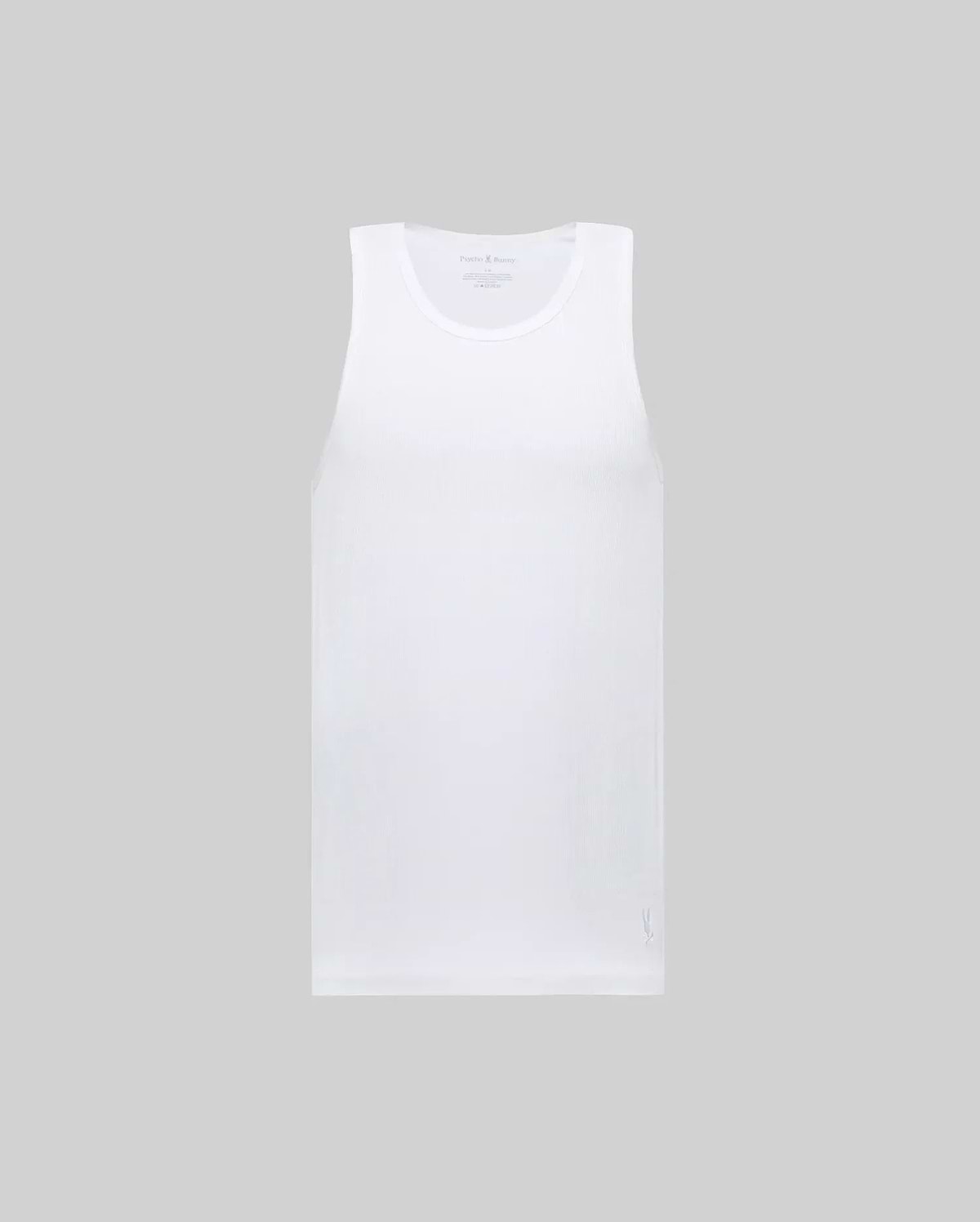 The Psycho Bunny MENS 2 PACK TANK TOP (MO1400001) features plain white sleeveless tops crafted from stretch Pima cotton, shown against a light gray background.
