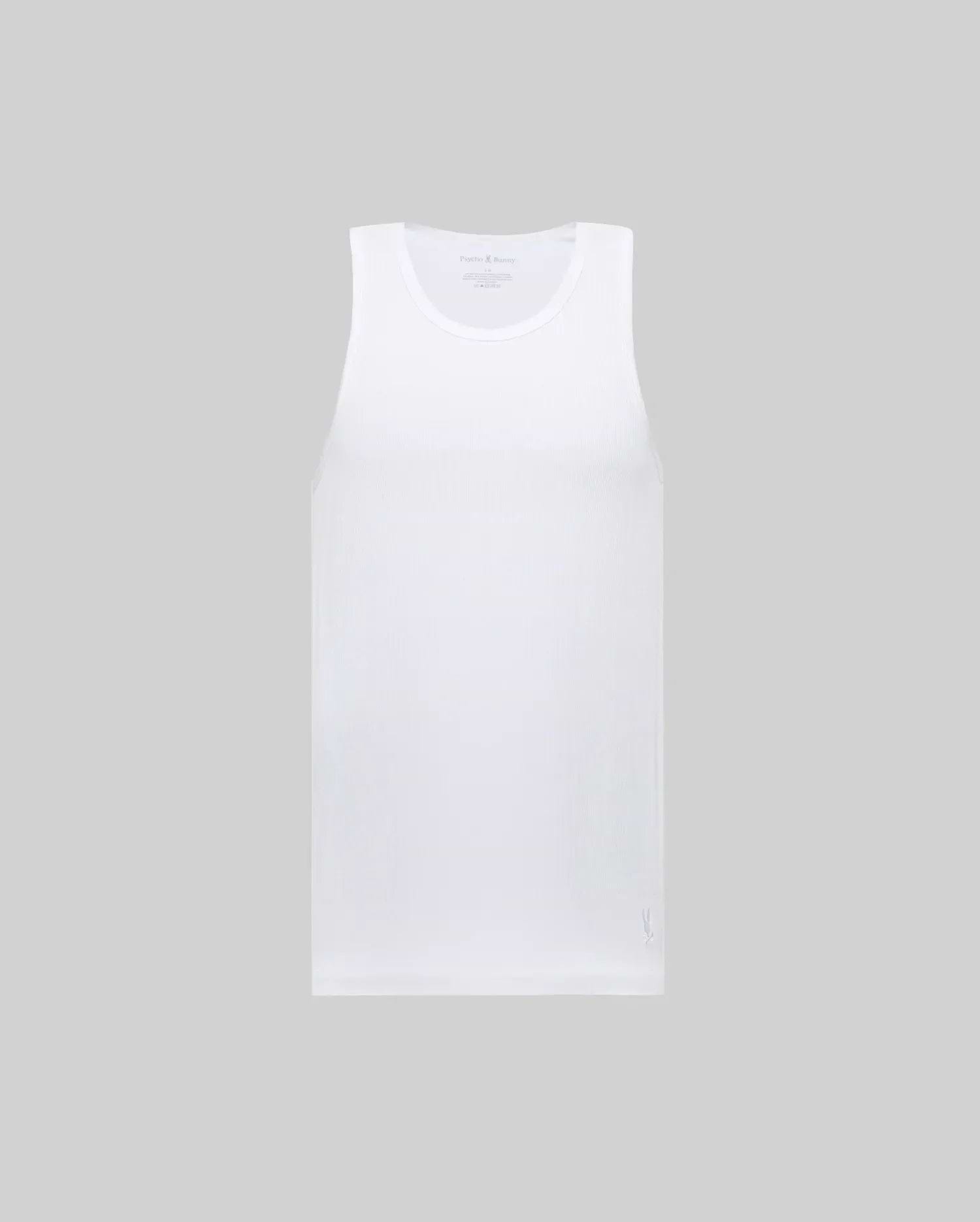 The Psycho Bunny MENS 2 PACK TANK TOP (MO1400001) features plain white sleeveless tops crafted from stretch Pima cotton, shown against a light gray background.