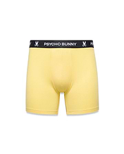 Mens 3-Pack Boxer Brief in bright yellow, featuring a black elastic waistband with repeated white Psycho Bunny text and iconic bunny skull logos, smooth jersey knit fabric, classic fit. (5)