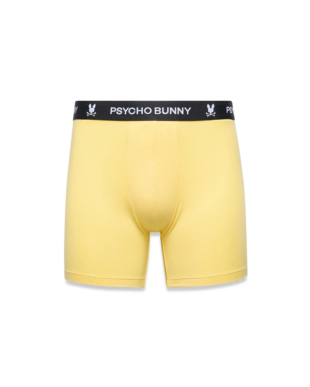 Mens 3-Pack Boxer Brief in bright yellow, featuring a black elastic waistband with repeated white Psycho Bunny text and iconic bunny skull logos, smooth jersey knit fabric, classic fit. (5)