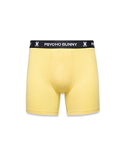 Mens 3-Pack Boxer Brief in bright yellow, featuring a black elastic waistband with repeated white Psycho Bunny text and iconic bunny skull logos, smooth jersey knit fabric, classic fit. (5)