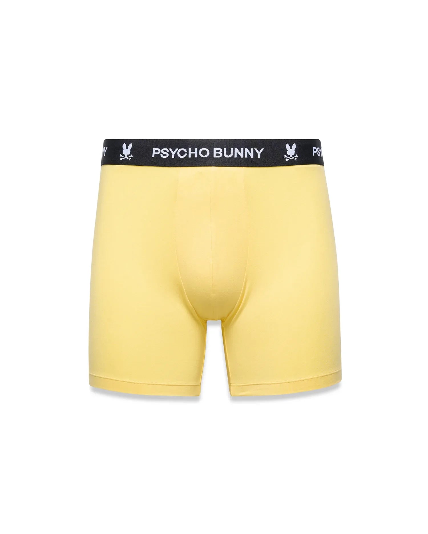 Mens 3-Pack Boxer Brief in bright yellow, featuring a black elastic waistband with repeated white Psycho Bunny text and iconic bunny skull logos, smooth jersey knit fabric, classic fit. (5)