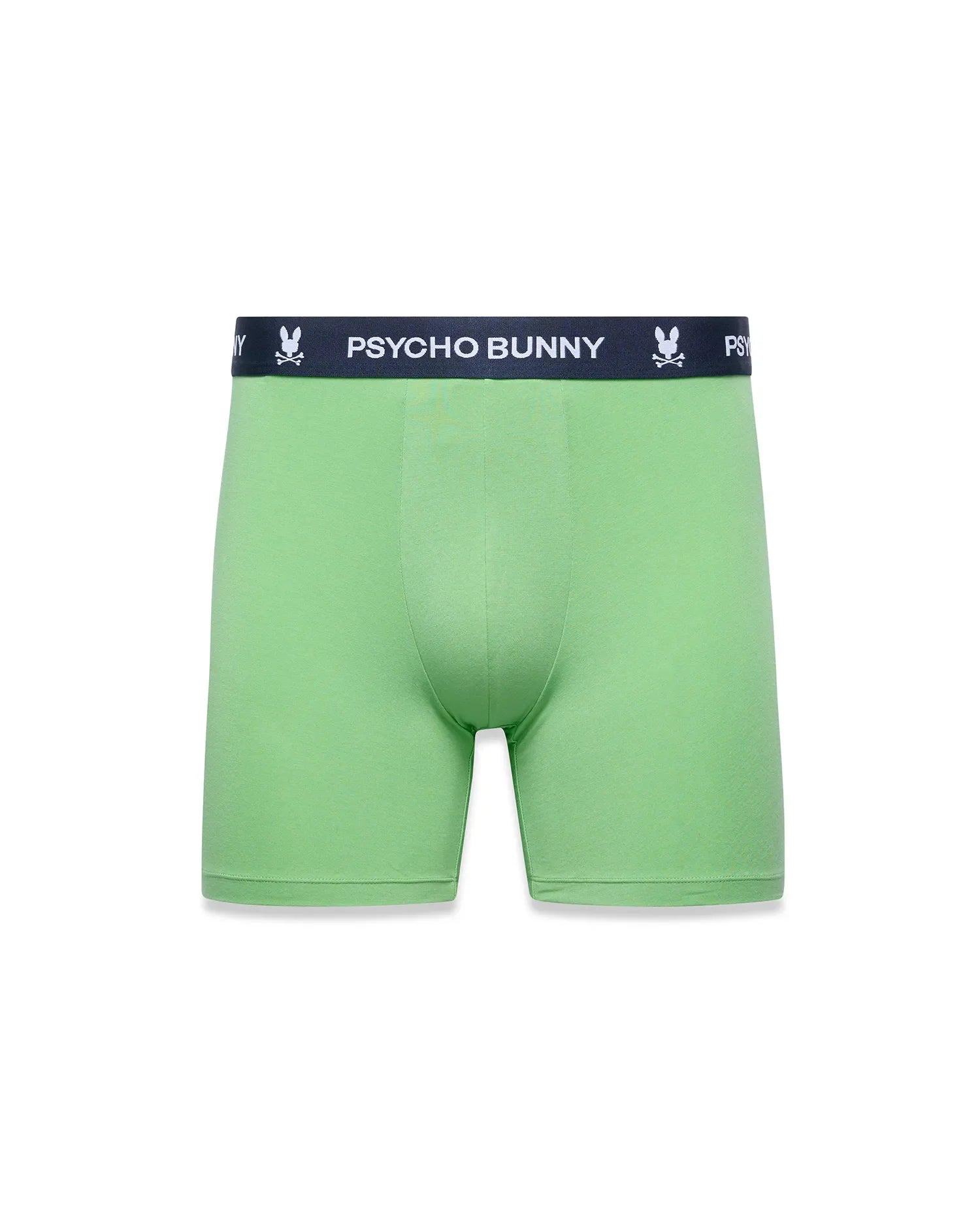 Mens 3-Pack Boxer Brief in light green, featuring a classic fit and smooth jersey knit. The navy elastic waistband displays repeated white Psycho Bunny skull logos and brand text. (7)