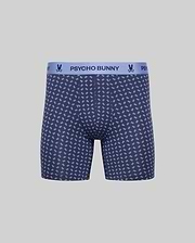 The MENS SINGLE BOXER BRIEF - MO1400010 by Psycho Bunny features breathable navy knit Pima cotton, a light blue "PSYCHO BUNNY" waistband, and a repeating bunny logo pattern for all-day comfort. (4)