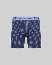 The MENS SINGLE BOXER BRIEF - MO1400010 by Psycho Bunny features breathable navy knit Pima cotton, a light blue "PSYCHO BUNNY" waistband, and a repeating bunny logo pattern for all-day comfort. (4)