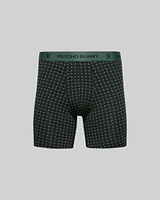 Front view of Psycho Bunny MENS SINGLE BOXER BRIEF - MO1400010 in black Pima cotton, featuring a green "PSYCHO BUNNY" waistband and small green bunny logos for stylish comfort. (1)