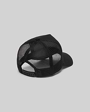 Black Mens Adamo Trucker Cap with a structured solid front panel, breathable mesh rear, and an adjustable plastic snapback closure for a customizable, comfortable fit.