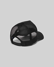 Black Mens Adamo Trucker Cap with a structured solid front panel, breathable mesh rear, and an adjustable plastic snapback closure for a customizable, comfortable fit.