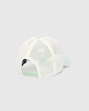 Mens Adamo Trucker Cap in mint green with a cream mesh back and an adjustable snapback closure, showcasing Psycho Bunny's refined streetwear style.