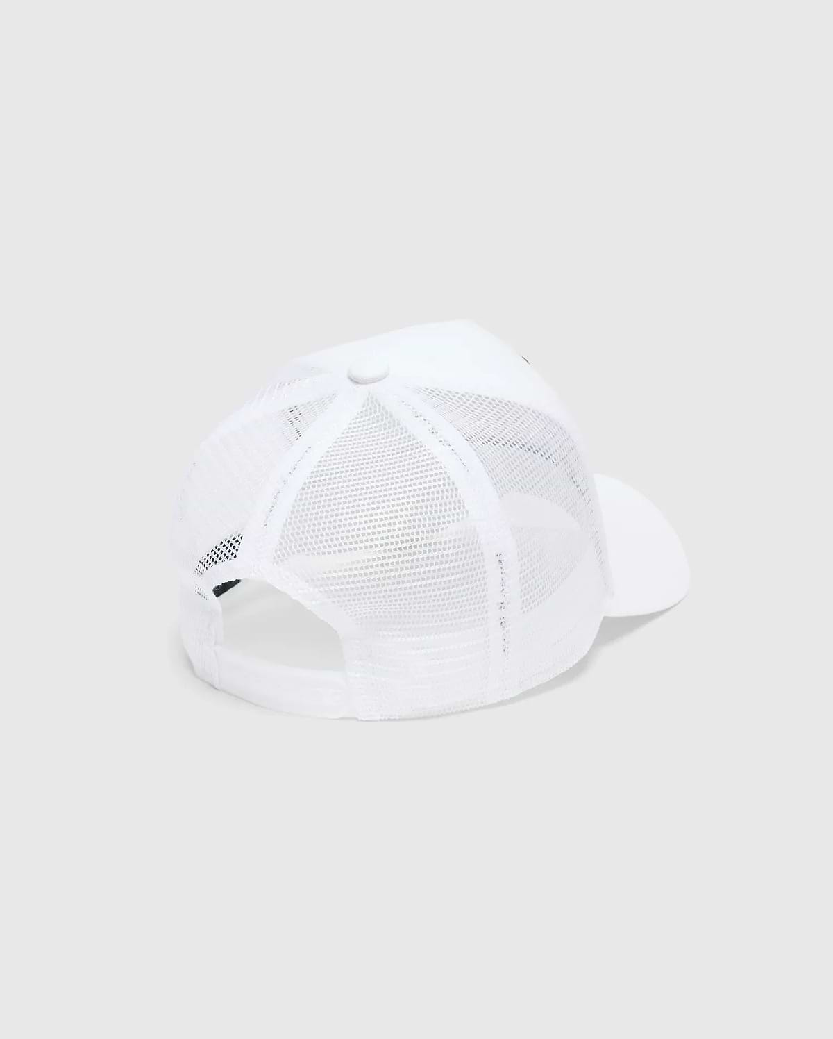 White Mens Adamo Trucker Cap featuring a breathable mesh back, a solid front panel, and an adjustable snapback closure for a classic, comfortable fit.