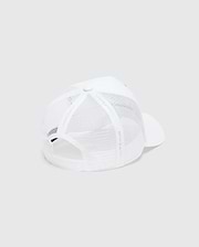 White Mens Adamo Trucker Cap featuring a breathable mesh back, a solid front panel, and an adjustable snapback closure for a classic, comfortable fit.